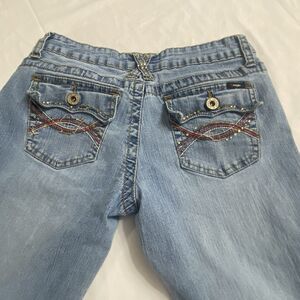 Y2K Angels Low Rise Flare Jeans 7 Rhinestone Bead Embroidered Pocket McBling Vtg